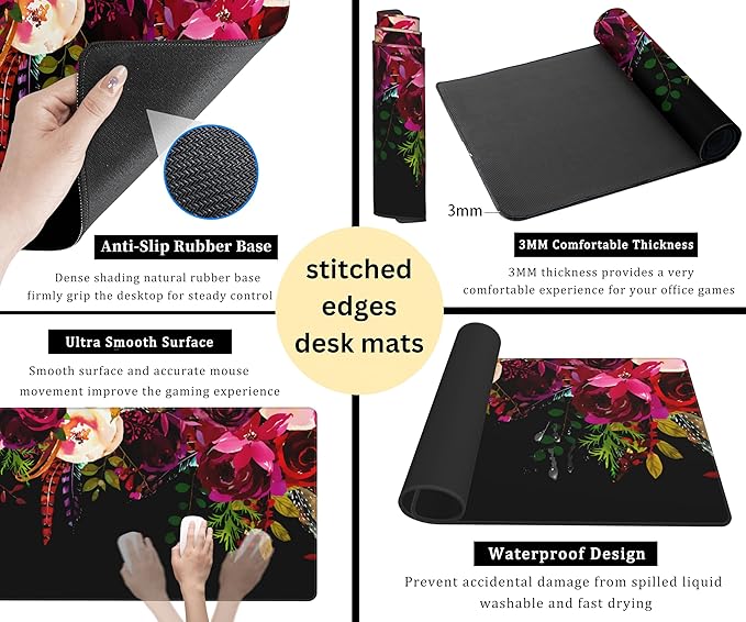 Red Flower Vintage Botanical Desk Pad - Black Mouse Pads, Keyboard Mat, Laptop PC Wireless Mouse Mat XXL, Aesthetic Office Desk Accessories (31.5"x15.75")