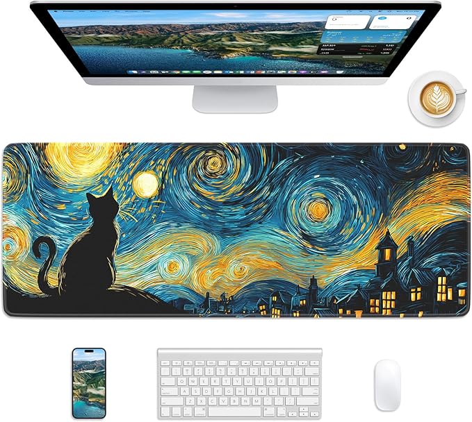 Van Gogh Cat Mouse Pad, 31.5 x 11.8 Large Desk Mat with Stitched Edges & Non-Slip Base, Mousepad for Office, Home, Work