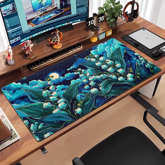 Desk Mat Floral Blue Green Large Mouse Pad 31.5''X15.7'' Lofi Aesthetic Desk Pad Lily of The Valley Extended Gaming Mousepad XXL Keyboard Mouse Mat Pretty Office Decor