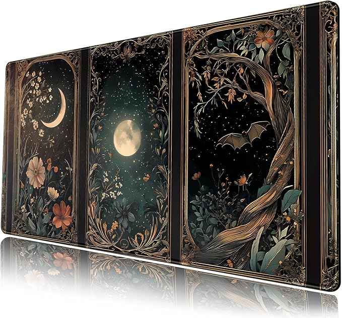 Celestial Lunar Nature Tarot Card Desk Mat 31.5''X15.7'' Dark Green Desk Pad Moon Botanical Floral Large Mouse Pad Extended Gaming Mousepad XXL Keyboard Mouse Mat for Computer Laptop Gamers
