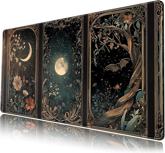 Celestial Lunar Nature Tarot Card Desk Mat 31.5''X15.7'' Dark Green Desk Pad Moon Botanical Floral Large Mouse Pad Extended Gaming Mousepad XXL Keyboard Mouse Mat for Computer Laptop Gamers