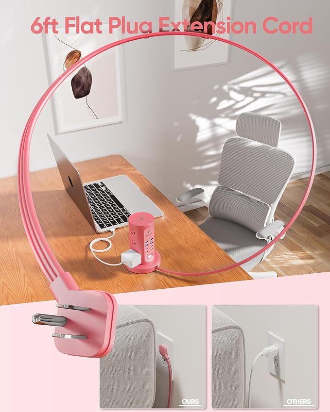 Power Strip Tower, kakyanill Surge Protector Tower 9 AC Outlets 8 USB (4 USB C), 6 Ft Retractable Extension Cord, Charging Station for Office Dorm Room, Pink