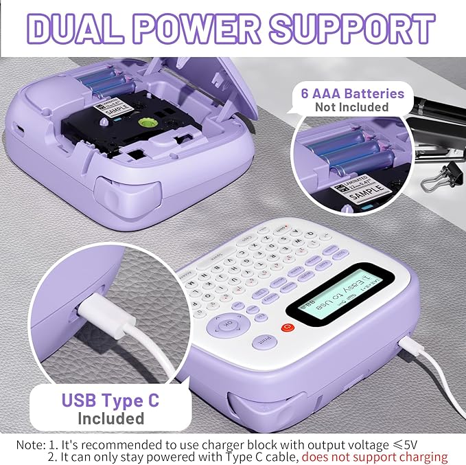 Label Maker Machine with-Tape Waterproof, Desktop Label Maker, Portable Labelmaker Purple for Teachers Kids Classroom, Labeler with Multiple Symbols &Fonts for Home Office School Use, D210S