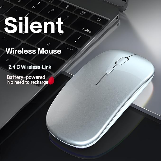 Wireless Mouse, 2.4G Slim Portable Computer Mouse with USB Receiver Quiet Silent Optical Laptop Mice for Notebook, PC, Laptop, Computer-Silver