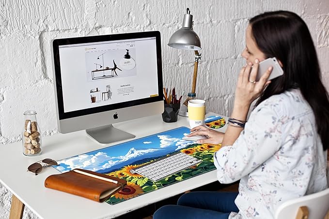 Gaming Mouse Pad Large Mousepad Sunflower Desk Mat XXL Desk Pad 31.5''x15.75'' Computer Mat with Stitched Edge Rubber Base for Work Women Home Office