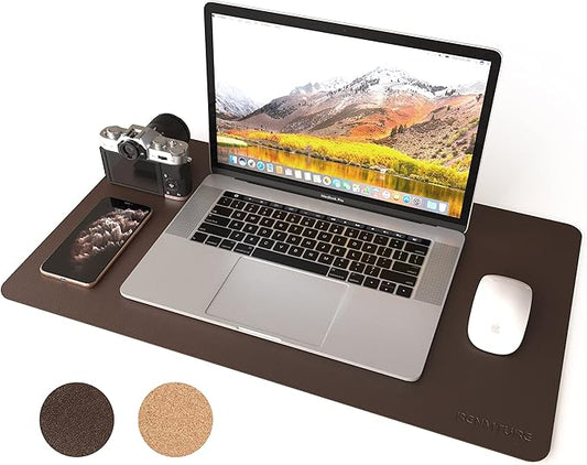 RENMTURE Dual-Sided Mouse Pad, Natural Cork & PU Leather Large Desk Pad for Office and Home Work, Desk Protector Non-Slip, Waterproof, Easy Clean (Dark Coffee, 23.6" x 13.7")