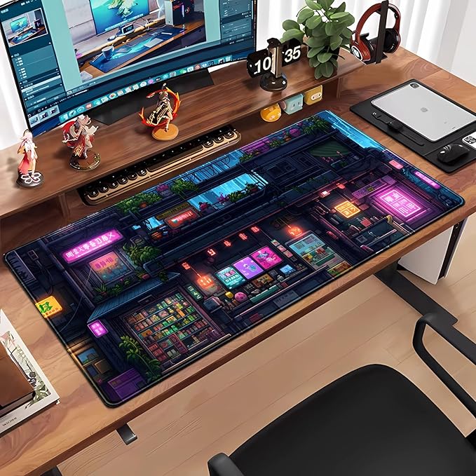 Cyberpunk Desk Mat 31.5''X15.7'' Neon Lights Desk Pad Large Gaming Mouse Pad Modern City Ramen Shop Extended Mousepad XXL Japanese Keyboard Mouse Mat for Computer Laptop Gamers