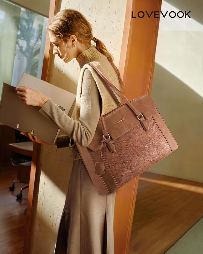 LOVEVOOK Laptop Tote Bag for Women,Computer Work Bag With Large Cup Holder,15.6 Inch Waterproof PU Leather Purse Briefcase for Teacher