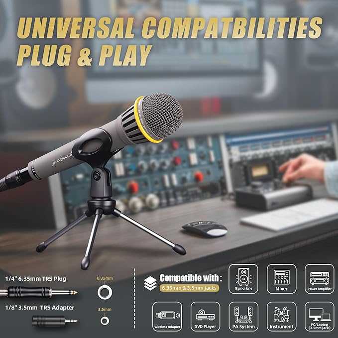 Dynamic Microphone - Professional Vocal Microphone for Singing - Handheld Wired Microphone with 16ft XLR to 1/4" Audio Cable - Mic for Speaking, Karaoke & Living Stage (Matte Grey)