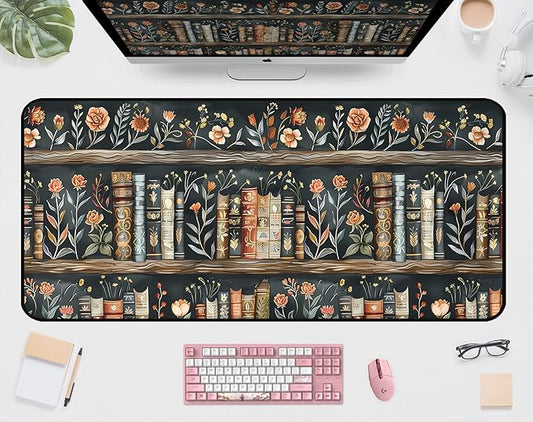 Vintage Flower Bookshelf Desk Mat, Library Book Mouse Pad Desk Pad, Extended Large Gaming Computer Laptop Keyboard and Mousepad, with Stitching Edges, for Women Office Desk Decor 31.5"X15.7"