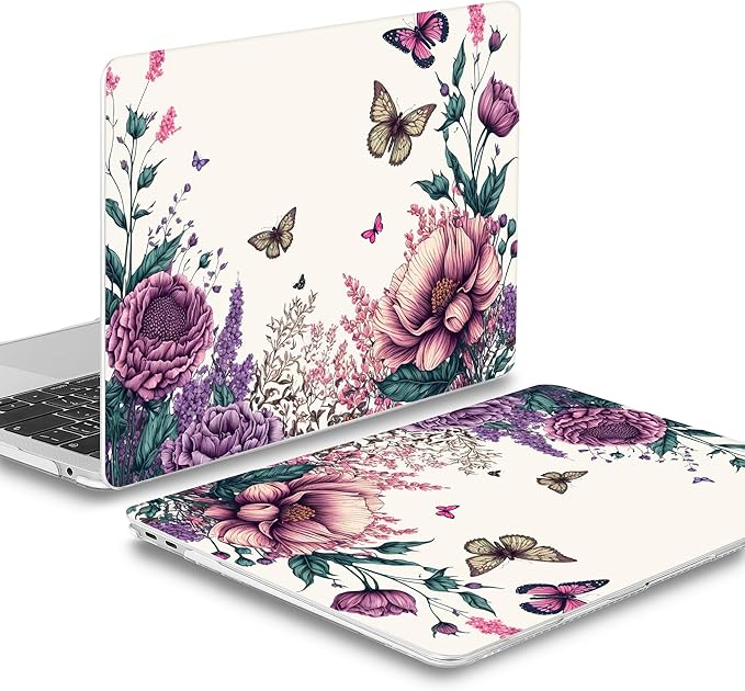 Mektron Case for MacBook Air 13 inch M1 A2337 A2179 A1932,Hard Cover 2018-2021 Air 13-inch with Touch ID, Exclusively Designed Protective Shell with Screen Protector,Butterfly Flower C077