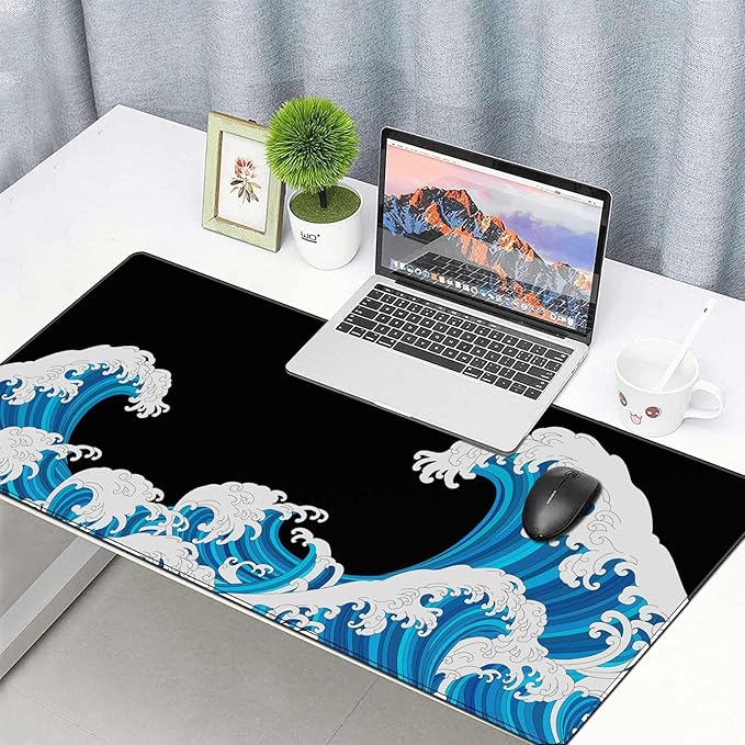 Large Mouse Pad Desk Mat 900 x 400 x 3mm Cool Sea Texture Non-Slip Rubber Base Mousepad Stitched Edges Keyboard Mat for Office Home Game - Black and White Sea Wave