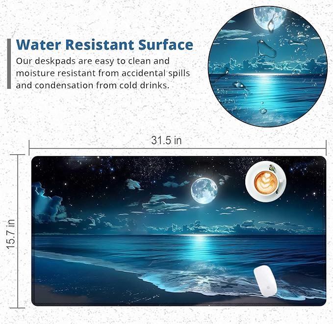 Moon Illuminating The Clear Blue Ocean Design Large Mouse pad,Large Extended Gaming Mouse Pad with Stitched Edges,Non-Slip Natural Rubber Base,Waterproof Computer Mouse Pad Keyboard Mat