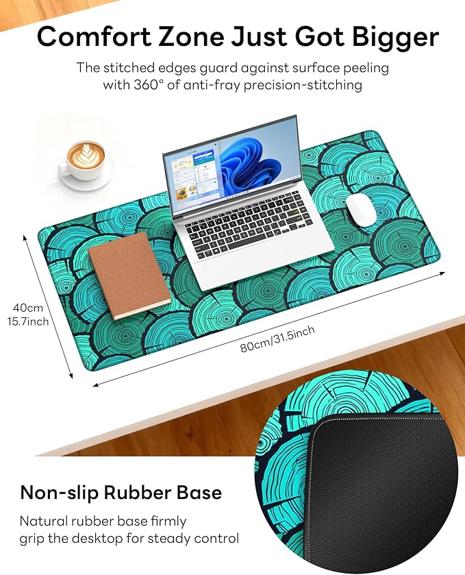 XL Gaming Mouse Pad, 31.5x15.7'' Large Desk Mat with Anti-Slip Rubber Base & Stitched Edges for Gaming, Office, Home - Annual Rings