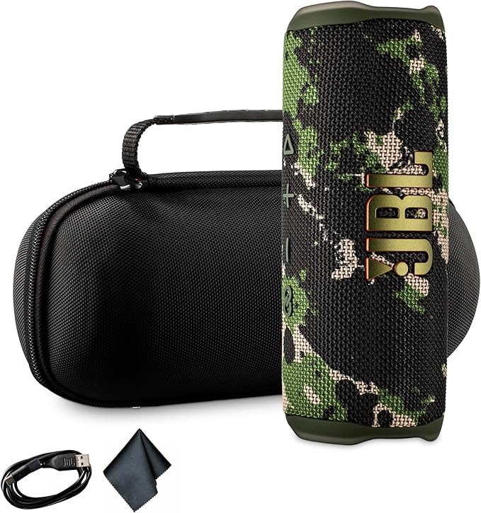 JBL Flip 6 Portable Wireless Speaker | Deep Bass Sound, IP67 Waterproof Rating | Bluetooth Audio for Outdoor, Travel, Beach, Hiking, and Home Use (Squad) with Travel Case + Microfiber Cloth