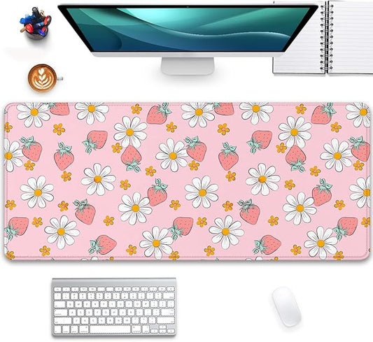 Strawberry Mouse Pad Desk Mat,Pink Large Large Gaming Mouse Mat with Stitched Edges,Non-Slip Waterproof Rubber Base Mouse Mat for Office Computer Keyboard Laptop Home(27.5X11.8 in)