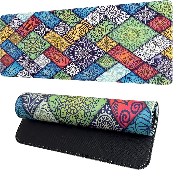 Colorful Boho Desk Mat,Large Cute Mouse Pad for Desk, Girly Mousepad with Stitched Edges, Computer Keyboard Mat for Work, Game, Office, Home, 31.5 x 11.8 Inch