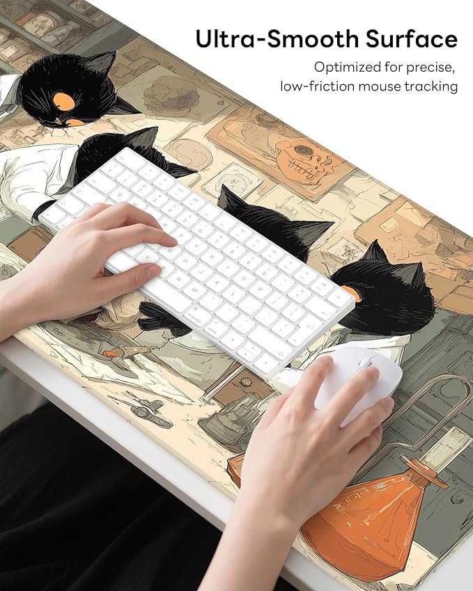 XL Gaming Mouse Pad, 31.5x15.7'' Large Desk Mat with Anti-Slip Rubber Base & Stitched Edges for Gaming, Office, Home - Professor Cat
