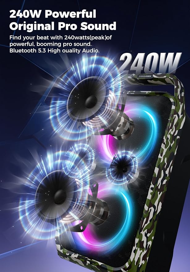 Portable Bluetooth Speaker: 240W Peak Powerful Loud Sound Deep Bass Wireless Boombox Large Subwoofer 15 Hours Battery Life Fast Charging with Led Light Show for Party Outdoor Camping Backyard