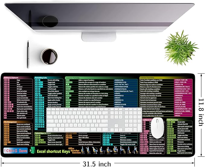 Excel Cheat Sheet Desk Pad, XL Large Gaming Mouse Pad, Waterproof Computer Keyboard Mats with Stitched Edges, Non-Slip Rubber Base Laptop Mat for Excel Shortcuts Mousepad Home & Office 31.5" x 11.8"