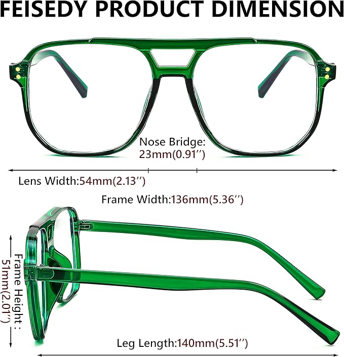 FEISEDY 2Pack Blue Light Blocking Glasses Fake Nerd Clear Square Computer Lightweight Pilot Glasses Frame Oversized B2866