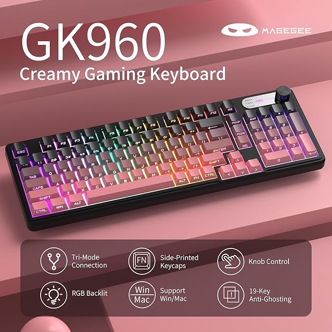 MageGee GK960 Wireless Gaming Keyboard, RGB Tri-Mode Wired/BT/2.4G Creamy Keyboard with Number Pad, 4000mAh Battery, Knob Control, Side Printed Keycaps, 19-Key Anti-Ghosting for Win/Mac (Black & Pink)