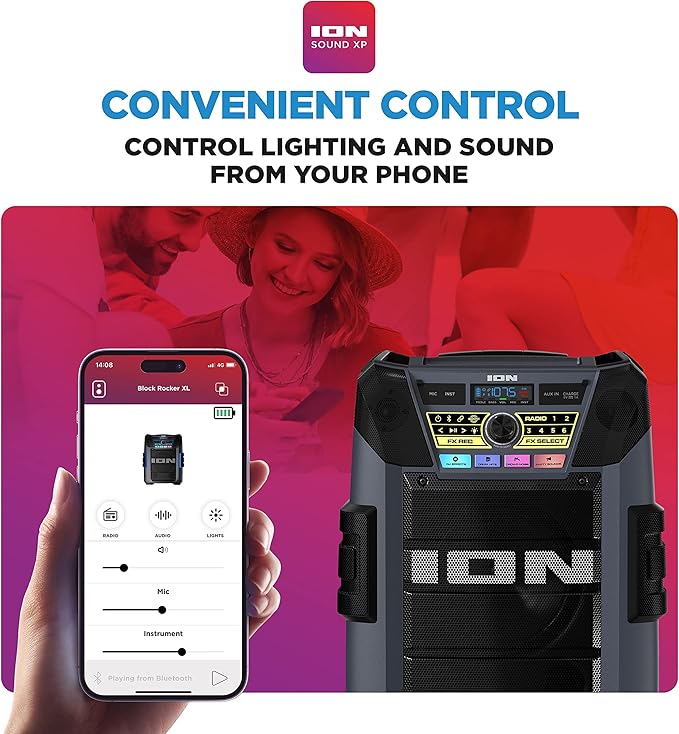 ION Block Rocker XL - Portable Bluetooth Outdoor Party Speaker, 220W, with Karaoke Microphone, Battery, 5 Speakers, Lights, Radio, USB Charging & App