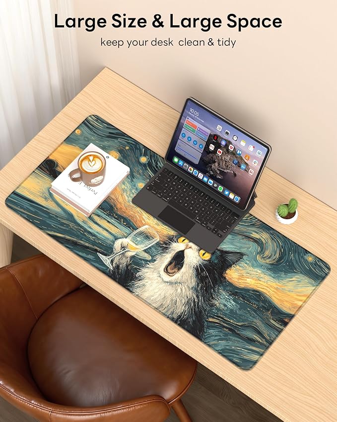 XL Gaming Mouse Pad, 31.5x15.7'' Large Desk Mat with Anti-Slip Rubber Base & Stitched Edges for Gaming, Office, Home - Shocked Cat