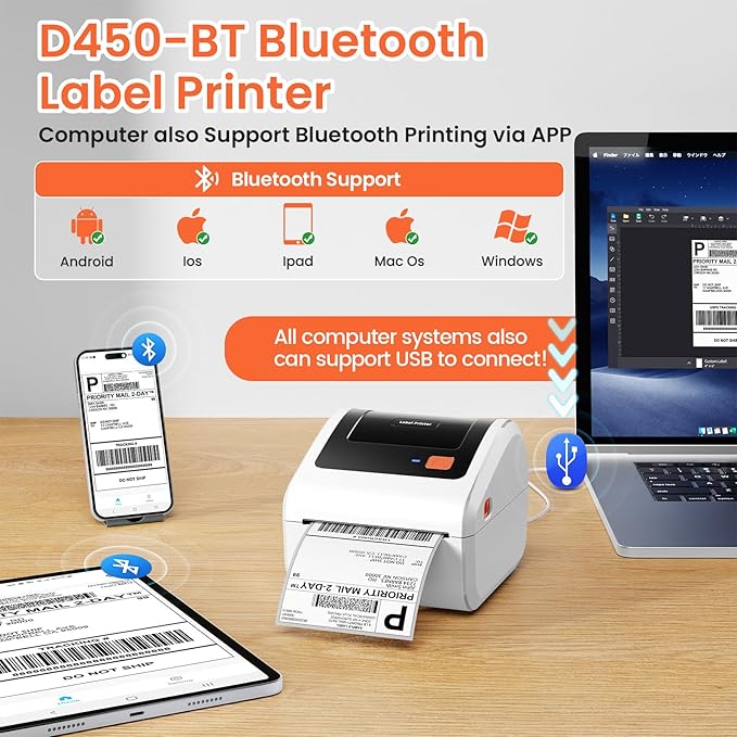 Bluetooth Shipping Label Printer with 3 Roll Labels, D450BT White Thermal Label Printer 4x6 for Small Business, Thermal Printers Come with 750PCS 4x6‬ White Labels (250 Labels/Roll)