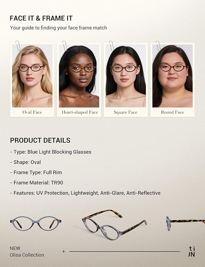 TIJN Olisa Blue Light Blocking Glasses for Women Men,Retro Oval Frame Bluelight Eyeglasses for Gaming/Computer/Screen