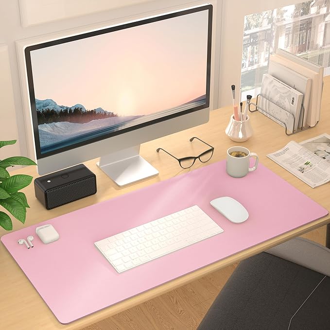Roslim Leather Desk Pad Protector,Mouse Pad,Non-Slip Computer Mat for Desk,PU Leather Office Desk Mat for Home & Office,Waterproof Laptop Desk Blotter Pad for Keyboard and Mouse,Pink (13.7''X23.6'')
