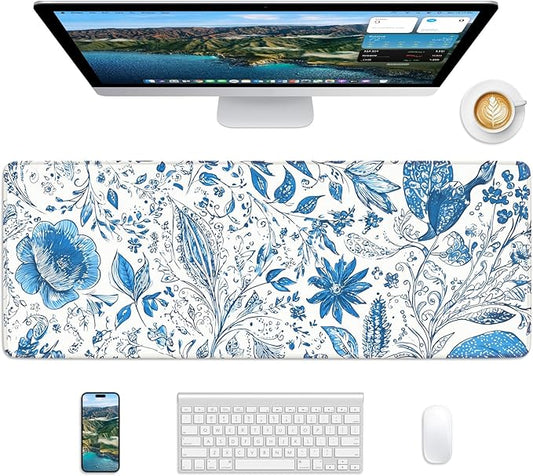 Floral Mouse Pad, 31.5 x 11.8 Large Desk Mat with Stitched Edges & Non-Slip Base, Mousepad for Office, Home, Work, Gaming, Blue Flower