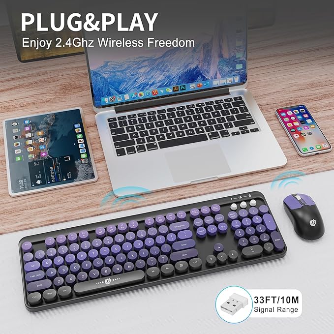 Wireless Keyboard and Mouse Combo, 2.4 GHz Wireless Full-Sized Typewriter Keyboard with Round Keycaps for Windows, Computer, Desktop, PC, Laptop (BlackPurple)