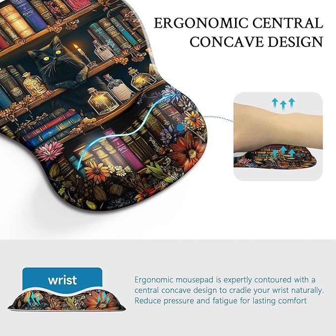 Blusabaca Cat Mouse Pad with Wrist Rest, Book Ergonomic Mousepad Wrist Support for Desk, Cute Gaming Mousepads for Wireless Mouse Computer Laptop Work Home Desk Accessories Office Supplies Decor