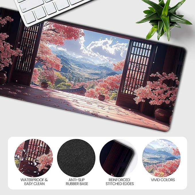 Extended Gaming Mouse Pad, Japanese Cherry Blossom Mountain Design, 35.4 x 15.7 Inches, Microfiber Cloth, Non-Slip Rubber Base, Stitched Edges