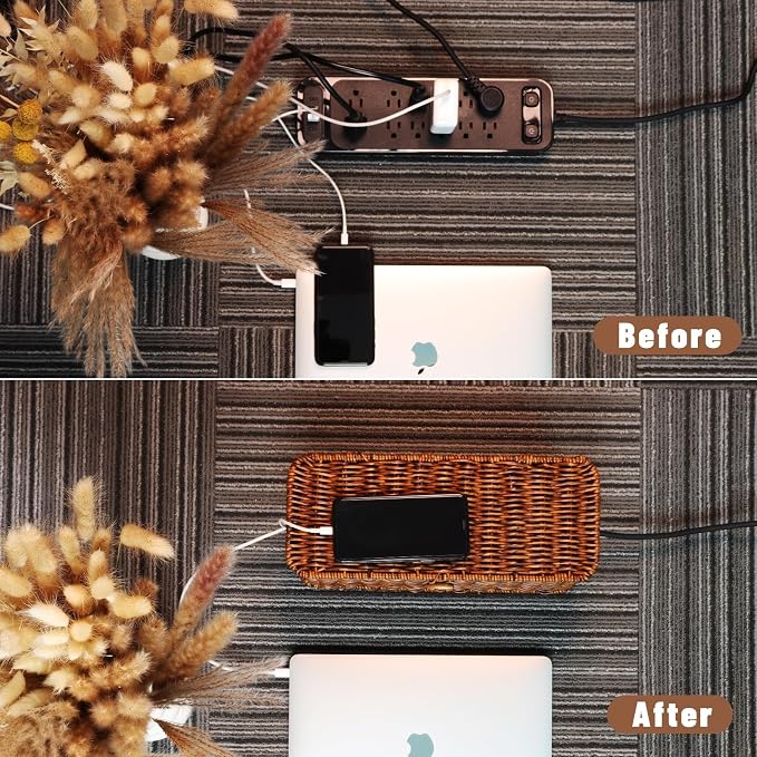 BROWNLILY Cable Management Box, Rattan Style Cord Organizer for Desk Cord Hider Outlet Covers Baby Proofing for Power Strip TV PC Router Charger Under Desk Storage with Lockable Lid and Cable Ties - Image 5