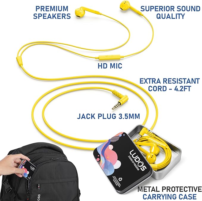 LUDOS FEROX Wired Earbuds in-Ear Headphones, 5 Year Warranty, Earphones with Microphone, Noise Isolation Corded for 3.5mm Jack Ear Buds for iPhone, Samsung, Laptop, Kids, School Students - Yellow