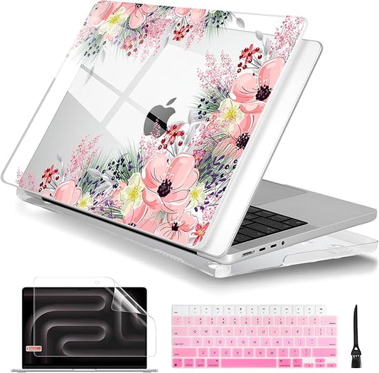 Batianda for MacBook Pro 14 Inch Case 2026-2021 Release M5 M4 M3 M2 M1 Pro/Max, 1.2mm Slim Graphic Hard Shell Cover with Keyboard Cover, Screen Protector 4-in-1 Bundle, Beautiful Floral