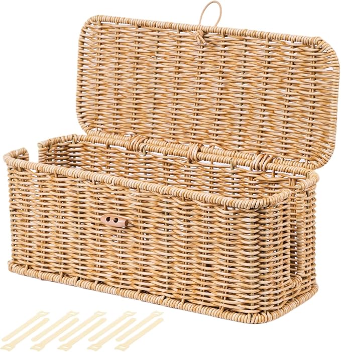 BROWNLILY Cable Management Box, Rattan Style Cord Organizer for Desk Cord Hider Outlet Covers Baby Proofing for Power Strip TV PC Router Charger Under Desk Storage - Natural Small by Unknown