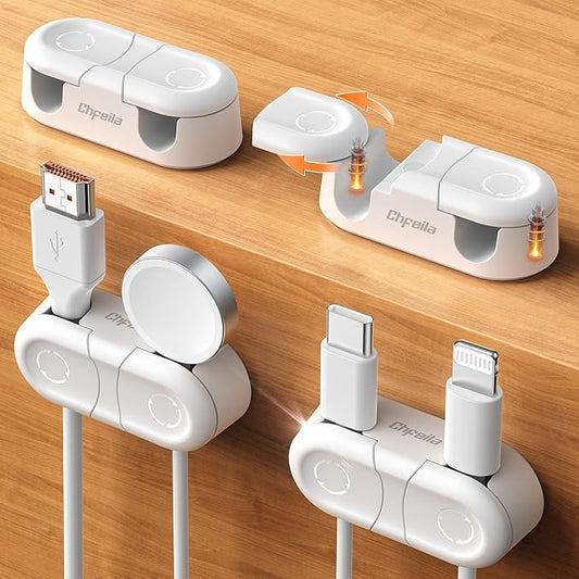 Magnetic Cable Clips - Chfeila 4Pack [Dual Slot] [360??Rotating & Twist-Lock] Cord Management, Adhesive Phone Charging Keeper, Wire Organizer Holder for Nightstand, Home Office Desk Accessories Decor by Chfeila
