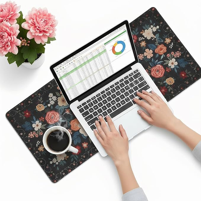 Floral XXL Large Mouse Pad with Stitched Edges, Anti-Slip Desk Mat for Keyboard and Mouse - Colorful Flower Pattern Office Decor, Home Computer Desk Pad Mat for Women, Ideal Desk Accessory