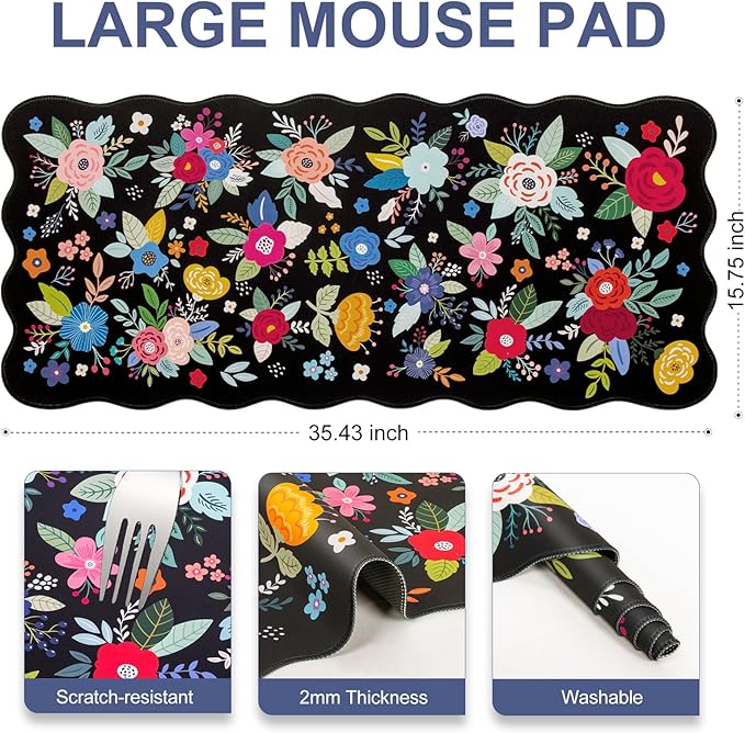 L-SPOUTTO Floral Mouse Pad,Botanical Desk Mat XXL Large Scalloped Gaming Mousepad,35.4x15.7in Non-Slip Rubber Base Keyboard Pad Waterproof Desktop Mat for Laptop Computer Game Home Office-Flowers