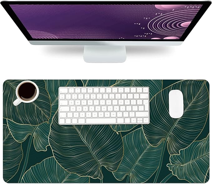 Desk Mat Large Protector Pad 31.5" ×15.7", Non-Slip PU Leather Desk Blotter, Waterproof Mouse Pad for Office Home Palm Leaves