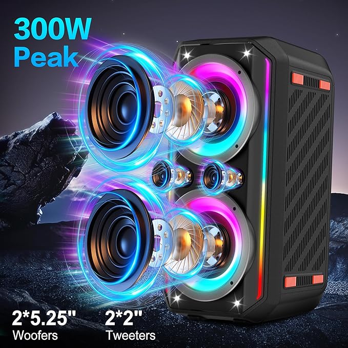 Bluetooth Speaker, 300W Peak Power Wireless Boombox Speakers with Deep Bass, Portable Loud Stereo Sound Large Subwoofer with Led Light Show for Party Outdoor Camping