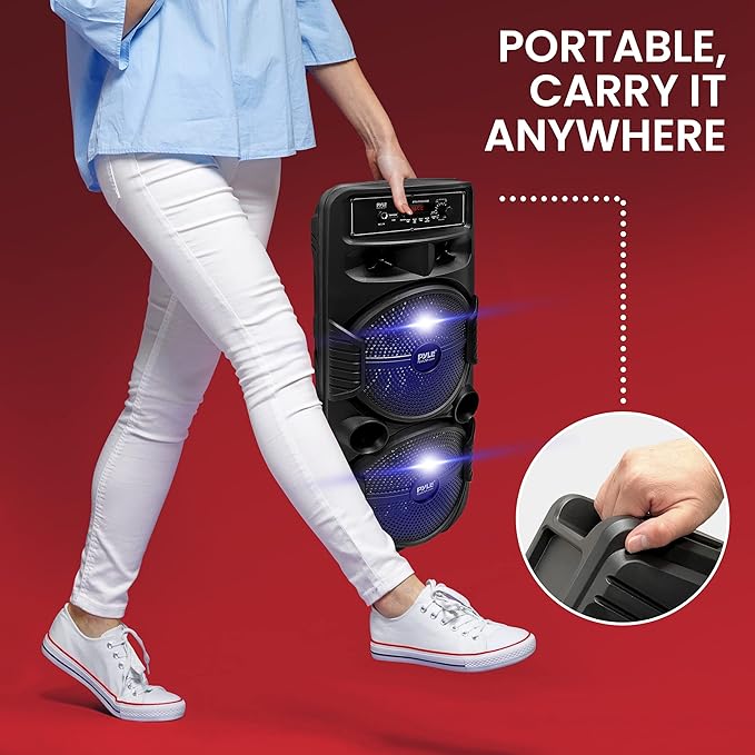 Pyle Portable Bluetooth PA Speaker System - 600W Rechargeable Outdoor Bluetooth Speaker Portable PA System w/ Dual 8” Subwoofer 1” Tweeter, Microphone In, Party Lights, USB, Radio, Remote - PPHP2835B