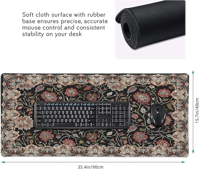 Floral XXL Large Desk Pad Mat - Anti-Slip Stitched Edges Mouse Pad for Women, Office & Home, Extra Big Computer Keyboard Mat for Desktop, Cute Aesthetic Office Supplies & Desk Decor