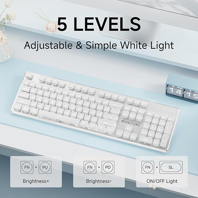 EWEADN X7S Wireless Keyboard with White Backlit, Metal Panel, 2.4G Rechargeable Computer Keyboard Silent Light up Full Size Cute Keyboards for Win & MAC - White