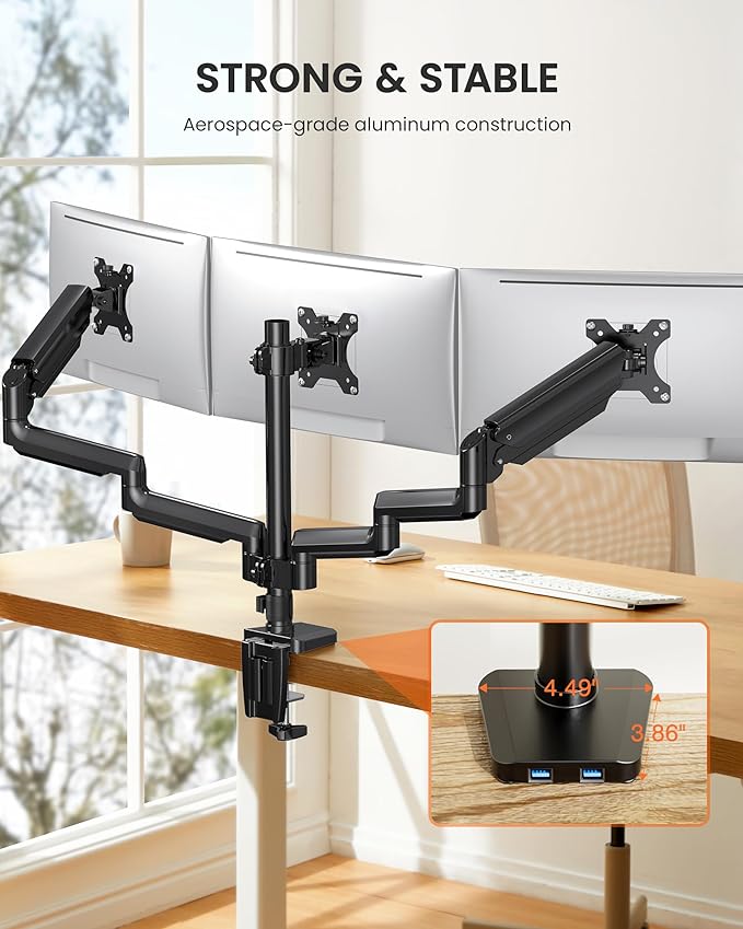 ErGear Triple Monitor Mount for 13-27 inch Screens, Triple Monitor Arms with USB, Heavy Duty Three Monitors Stand with Tilt, Swivel, Rotation, Holds Up to 17.6 lbs Each Arm