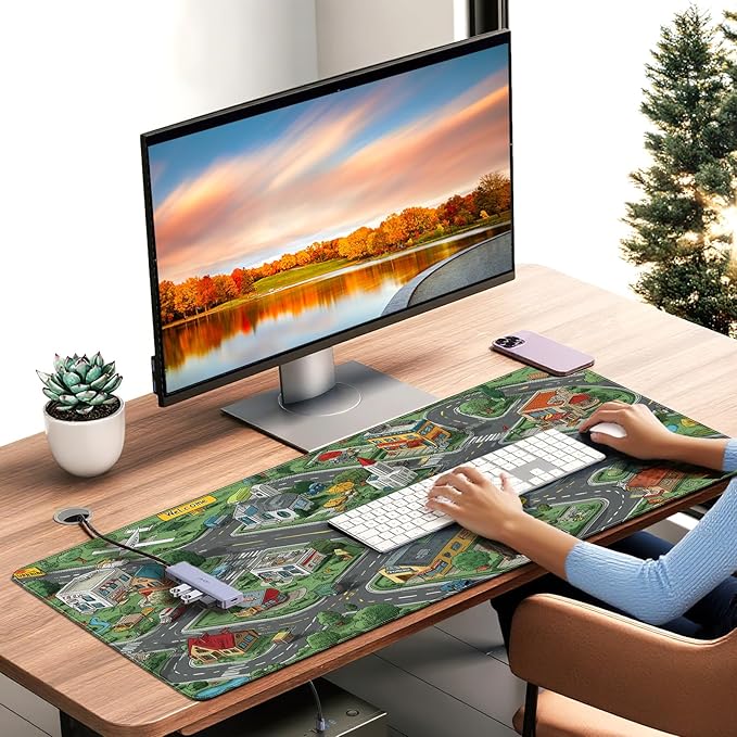 35.4 x 15.7 Inches XXL Large Gaming Mouse Pad, Cartoon City Street Map Design, Non-Slip Base, Waterproof and Scratch-Resistant Surface, Suitable for Home and Casual Gaming Desktop mats