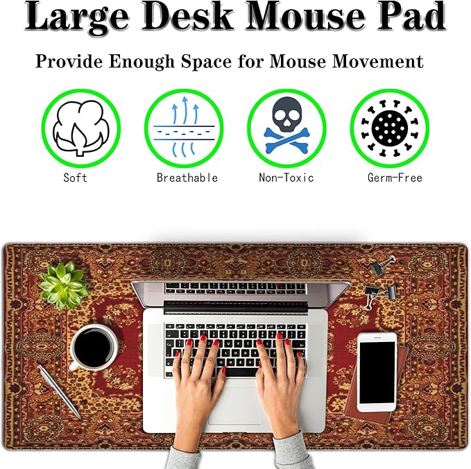 Gaming Mouse Pad Retro Boho, Large Mousepad Office Desk Mat, Work Desk Mat Non-Slip Rubber Base Waterproof with Stitched Edges, 35.4 X 15.7 inch for Work/Game/Office/Home Vintage Bohemian